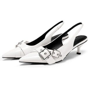 Coutgo Women's White Slingback Closed Pointed Toe Studded Buckle Strap High Heel
